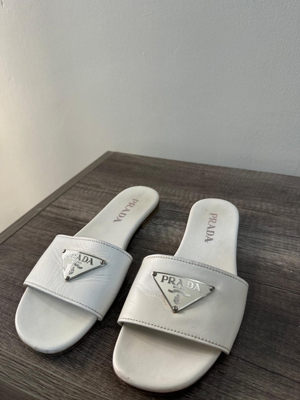 Prada White Leather Logo Slide Sandals - Size 38.5